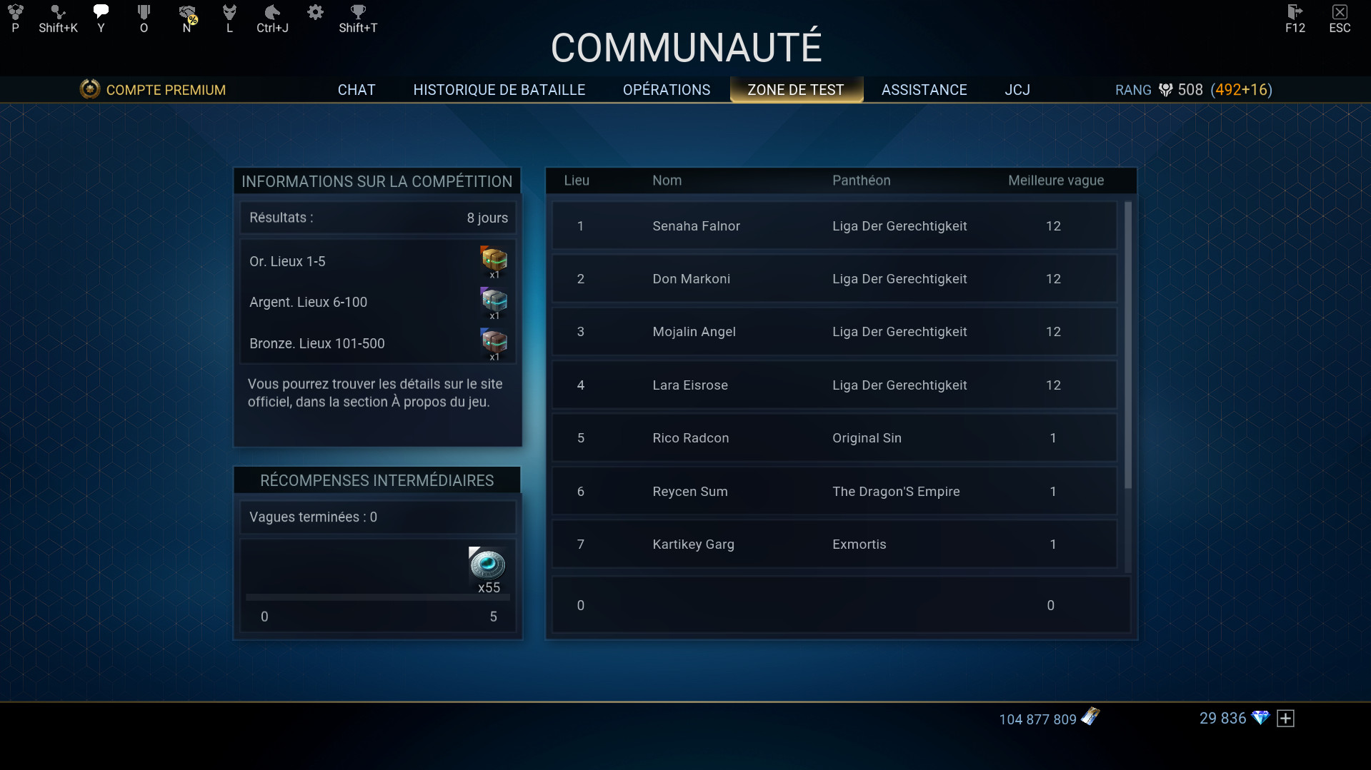 Interface du classement de la Zone de Test d'Inghar (entraînement)