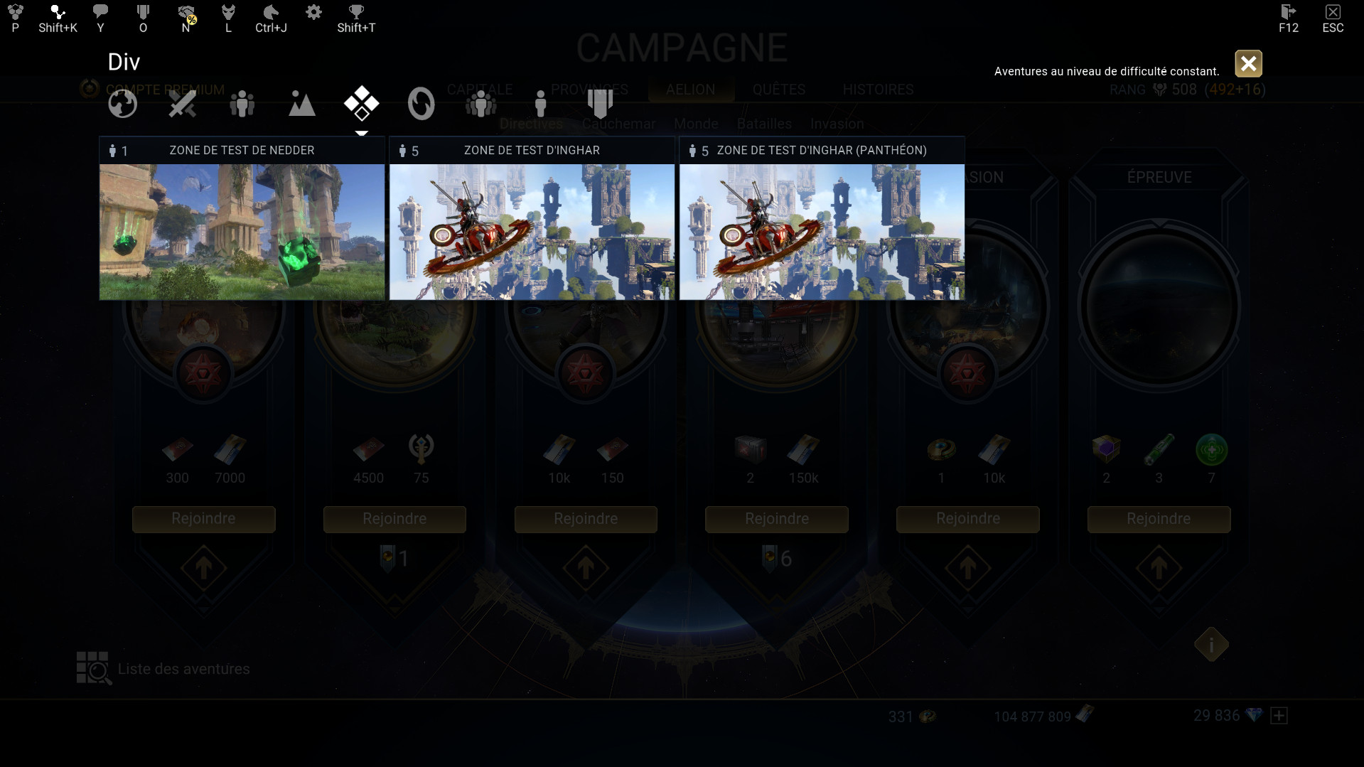 Zones de Test d'Inghar dans la liste des aventures