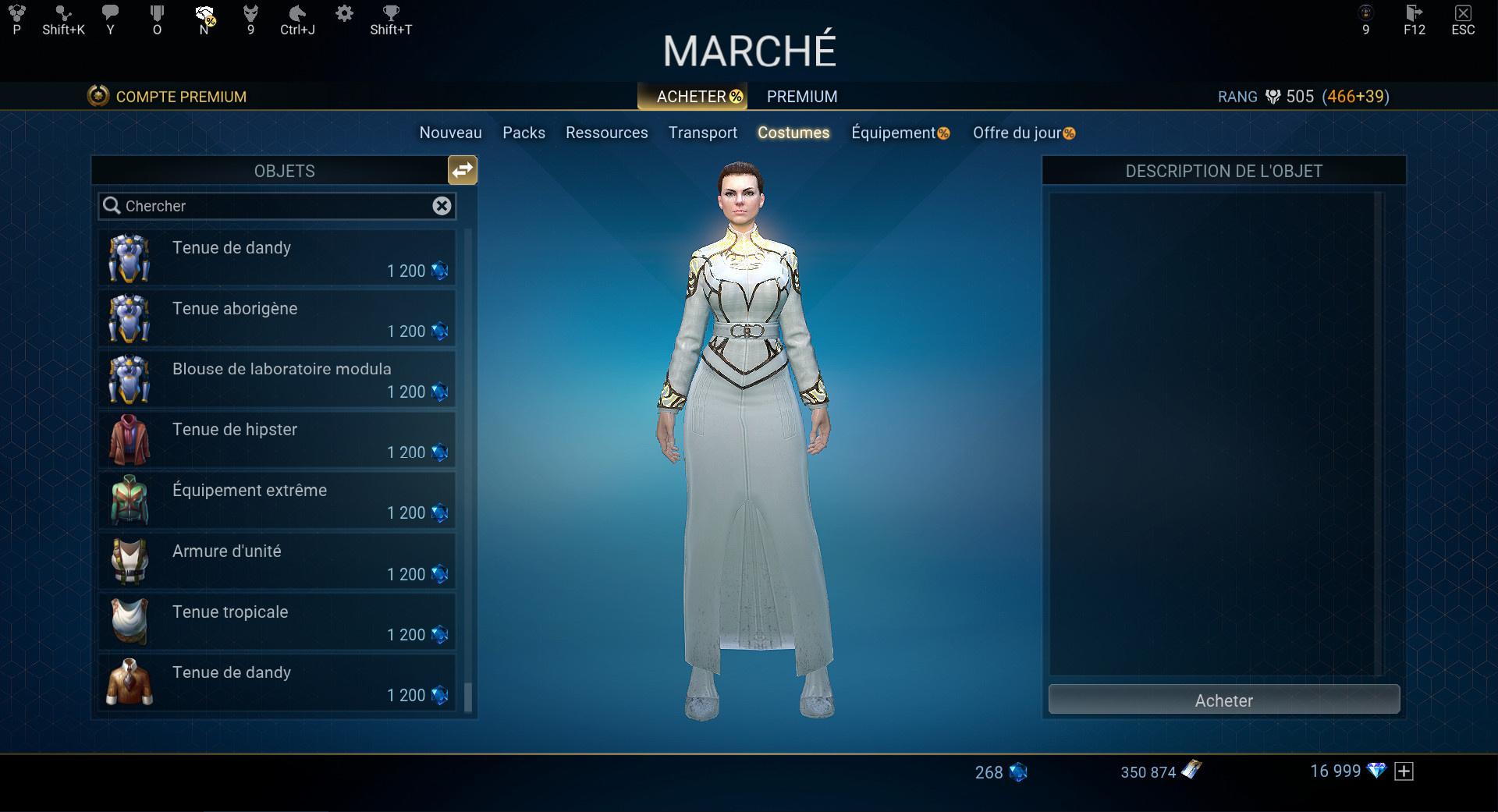 Interface des Costumes dans la Boutique