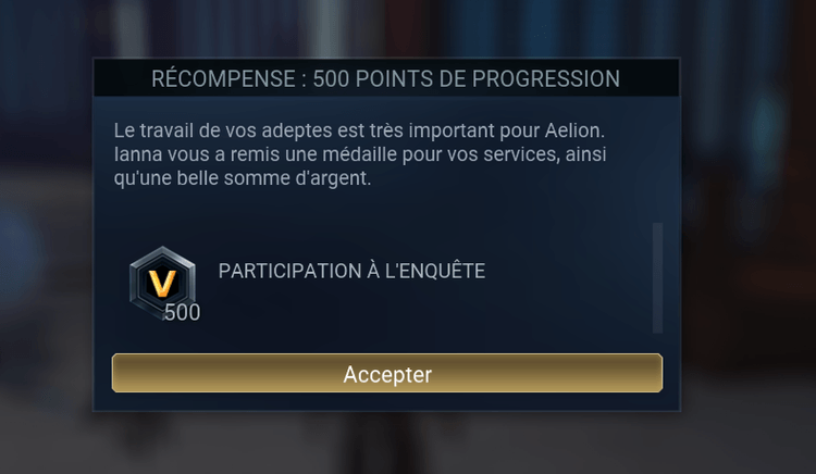 Fenètre de récompense pour avoir obtenu 500 Points de progression